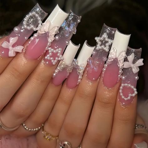 Color Tone: Mixed Color System Nail Shape: Square Shape Nail Length: Long Nail Pattern: Heart,Star Nail Finishes: Glossy Junk Nails, Long Square Nails, Long Nail Designs, Girly Acrylic Nails, Hello Kitty Nails, Really Cute Nails, Long Acrylic, Unique Acrylic Nails, Nail Styles