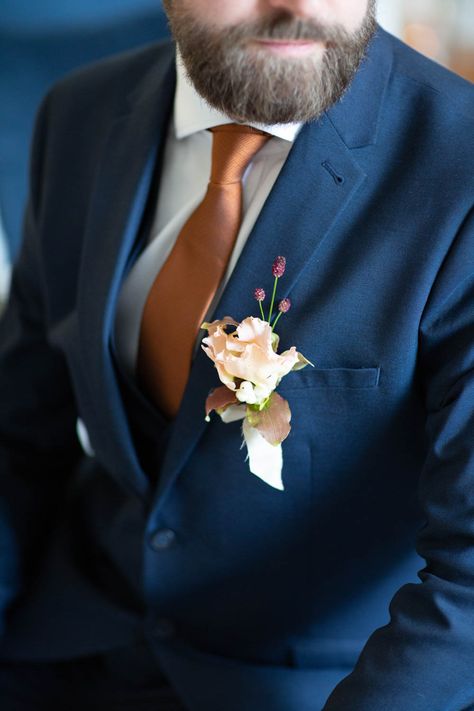 Blue Suit Spring Wedding, Teal Wedding Suit Groom, Deep Blue Wedding Suit, Blue Suit With Orange Tie, Blue Suit Copper Tie, Blue Wedding Suit Groom Navy, Blue Suit Brown Tie, Blue Mens Suit Wedding, Groom Suits For Wedding Blue