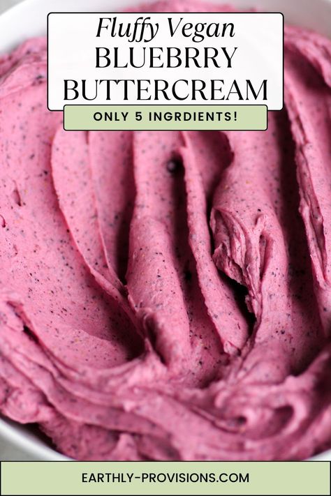 This Blueberry Buttercream Frosting is easy to make and has BIG blueberry flavor! You only need 15 minutes and 5 ingredients to make it and its light and fluffy and is delicious on cakes and cupcakes. And its vegan and gluten free! Blueberry Frosting Buttercream, Vegan Frosting Recipe Easy, Blueberry Buttercream Frosting, Gf Birthday, Blueberry Buttercream, Fluffy Icing, Dairy Free Buttercream, Vegan Buttercream Frosting, Blueberry Frosting