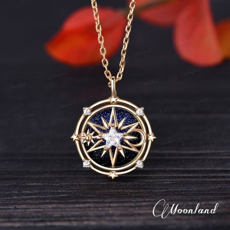 Gold Compass Necklace, Magical Necklace, Magic Necklace, Fantasy Pendant, Compass Jewelry, Blue Sandstone, Compass Necklace, Magical Jewelry, Celestial Jewelry