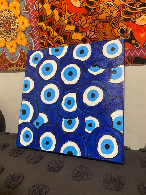 Easy Evil Eye Painting, Diy Evil Eye Canvas Painting, Evil Eye Acrylic Painting, Evil Eye Painting Canvases, Canvas Painting Ideas Evil Eye, Abstract Evil Eye Painting, Easy Mandala Drawing, Modern Landscape Painting, Meaningful Drawings