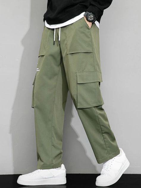 Is That The New Guys Slogan Graphic Flap Pocket Drawstring Waist Pants ??| ROMWE USA Trousers Outfit Men, Green Cargo Pants Outfit, Sporty Casual Outfits, Cargo Pants Outfit Men, Baggy Pants Men, Cargo Outfit, Pants Outfit Men, Drawstring Waist Pants, Cargo Pants Outfit