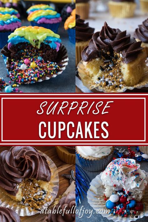 Surprise Cupcakes, easy to make and fun for everyone! If you are like me and love filled cupcakes- these surprise cupcakes are for you! #cupcakes #sprinkles #surprisecupcake #surprise #pinata #candy #filling #easy #howto #atablefullofjoy #easy #forkids #party Sprinkle Filled Cupcakes, Candy Filled Cupcakes, Candy Filling, Surprise Cupcakes, Cupcakes With Sprinkles, Cupcakes Sprinkles, Pinata Cupcakes, Pinata Candy, Cupcakes Easy