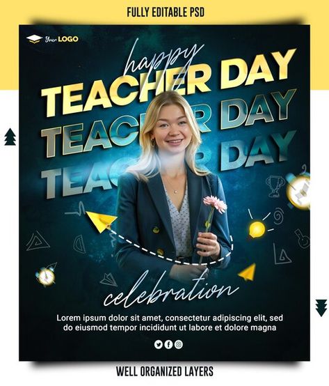 Happy Teacher's Day Social Media Posts, Happy Teacher Day Poster, Teachers Day Poster, Biology Teacher, Social Media Poster, Logo Psd, Teacher Design, Happy Teachers Day, Technology Icon