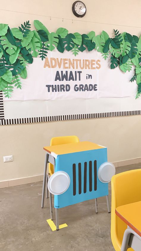 Wild About School Bulletin Boards, Jungle Theme Library Classroom Ideas, Tropical Jungle Classroom Theme, Elementary Classroom Jungle Theme, Animal Door Decorations Classroom Jungle Theme, Classroom Themes Animals, Imagination Bulletin Board Ideas, Jungle Room Theme Classroom, Classroom Door Jungle Theme