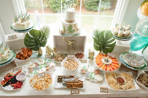 Safari Birthday Food Table, Wild One And Three Birthday, Wild One Themed Birthday Party Food, First Birthday Party Safari Theme, Jungle Theme Birthday Food Ideas, Wild One Sweets Ideas, Wild One Snack Table, Safari Appetizers Jungle Party, Wild Party Food Ideas