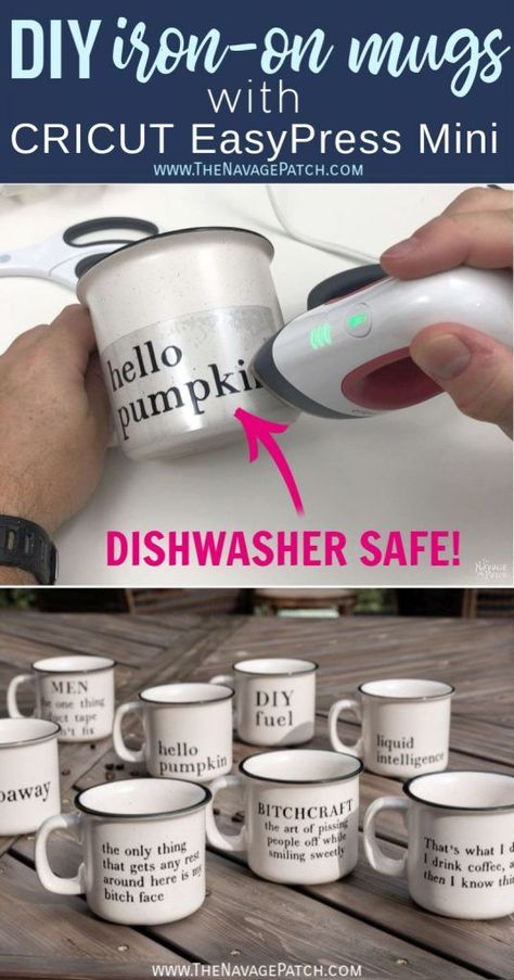 DIY Iron On Mugs - Dishwasher Safe! | Heat Transfer Vinyl - HTV mugs, dishwasher safe | How to make dishwasher safe HTV mugs using Cricut Easypress Mini | How to use Cricut Easypress Mini on mugs | DIY dishwasher safe HTV mug with free SVG designs | Free SVG mug designs | How to make personalized mugs with heat transfer vinyl | Cricut Easypress Mini tutorial | #TheNavagePatch #Cricut #EasyPressMini #CricutMade #FreeSVG #FreeDownloadable #HTV #HeatTransfer #FreeSVGfiles | TheNavagePatch.com ขวดโหล Mason Jar, Mini Dishwasher, Vinyle Cricut, How To Use Cricut, Idee Cricut, Free Svgs, Projets Cricut, Cricut Projects Beginner, Mason Jar Crafts Diy