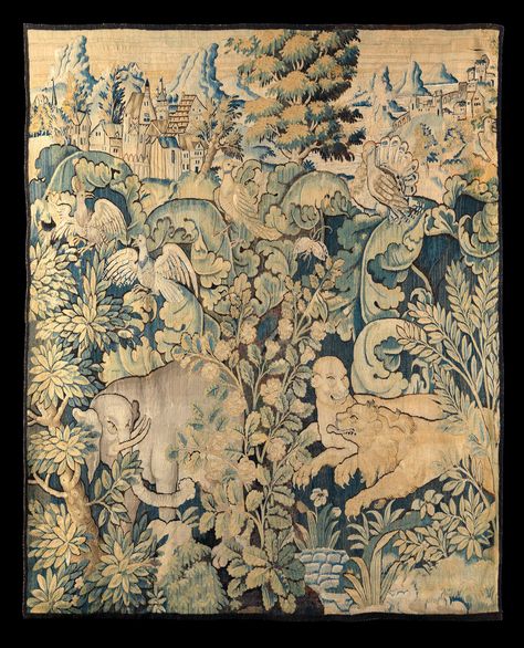 View 1: Although this particular type of tapestry is often referred to as ‘cabbage leaf ’ or Feuilles de Choux, they are of course acanthus leaves. They combine the Renaissance penchant for forested landscape with the animals known from the mediaeval beasteries. They were woven both the in the Low Countries in weaving centres such as Audenarde and in the area around Aubusson known as La Marche. It is likely that the weavers in France were also Flemish emigrants. Imperial Dragon, Beaded Crown, Historical Objects, Master Drawing, Acanthus Leaves, Antique Fairs, Acanthus Leaf, Antique Textiles, Ladies Of London