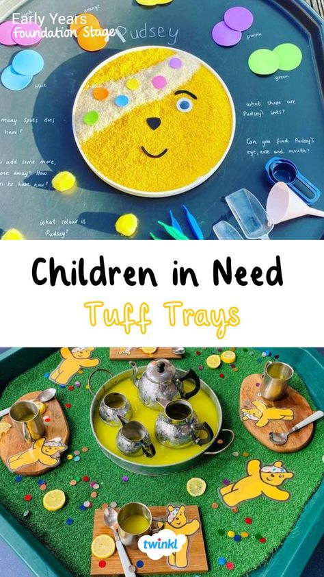 Children in need tuff tray ideas eyfs! Practice those fine motor skills or explore mathematics and get creative! Click on the pin for more children in need resources. Special thanks to @amys_childminding @dreamcatchers_parkgate Children In Need Preschool Activities, All About Me Tuff Tray Ideas Eyfs, Pudsey Bear Tuff Tray, Children In Need Eyfs Activities, Preschool Activities Eyfs, Children In Need Tuff Tray, Children In Need Crafts, Children In Need Activities Pudsey, Pudsey Activities