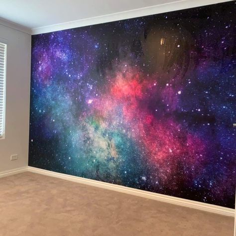 Galaxy Wall Bedroom, Galaxy Wall Design, Galaxy Ceiling Diy Bedroom, Bedroom Galaxy Theme, Galaxy Bedroom Wall, Galaxy Wall Bedroom Ideas, Galaxy Walls Bedroom, Galaxy Wall Mural Diy, Galaxy Wallpaper Room