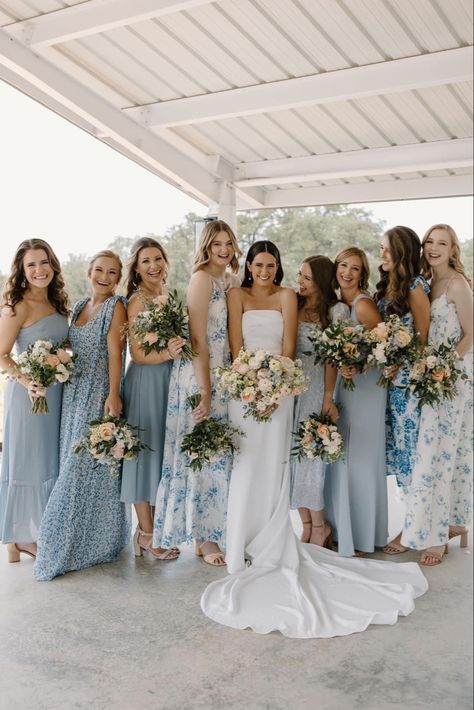 Same Colour Different Dress Bridesmaids, Something Blue Wedding Bridesmaids, Light Blue And White Bridesmaid Dresses, All Blue Wedding Party, Blue Floral Bridal Party, Light Blue Wedding Theme Bridesmaid Dress, Light Blue Mixed Bridesmaid Dresses, Different Color Blue Bridesmaid Dresses, Blue And Floral Bridesmaid Dresses