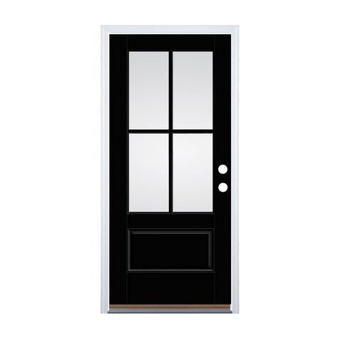 Therma-Tru 36-in x 80-in Fiberglass 3/4 Lite Left-Hand Inswing Obsidian Painted Prehung Front Door with Brickmould Insulating Core Lowes.com Black Front Door Double, Black Exterior Doors, Diy Exterior, Fiberglass Exterior Doors, Therma Tru, Black Front Doors, Glazed Glass, Exterior Front Doors, Fiberglass Door