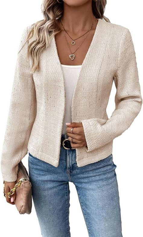 Tweed Cropped Blazer Jackets for Women 2024 Beige Spring Summer Petite Sweaters Wool Sweater Lightweight Summer Business Casual Dressy Fashion Short Crop Fashion Lady Ladies Women's Suit Beige S at Amazon Women’s Clothing store Office Jacket, Work Outfits Frauen, Jackets Fashion Casual, Womens Tweed Jacket, Petite Blazer, Casual Professional, Cozy Fall Outfits, Cropped Blazer Jacket, Blazer Jackets For Women