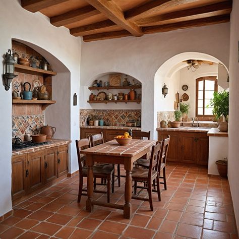 spanish style/living kitchen Spanish Kitchen Island Ideas, Spanish Style Homes Wood Floors, Artisan Style Home, Kitchen Interior Spanish, Mexican Villa House Spanish Style, Spanish Finca Interior Design, Vintage Mexican Aesthetic House, Spanish Mediterranean Dining Room, Spanish Style Interior Design Living Room