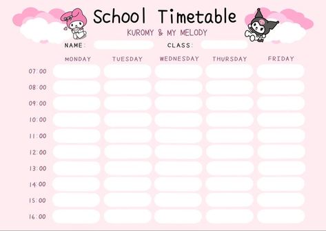 Hello Kitty School Schedule, Cute Timetable Ideas, Timetable Design Ideas, Kuromi Printables, Cute Timetable Template, University Printables, School Time Table, Kuromi Y My Melody, 100 Affirmations