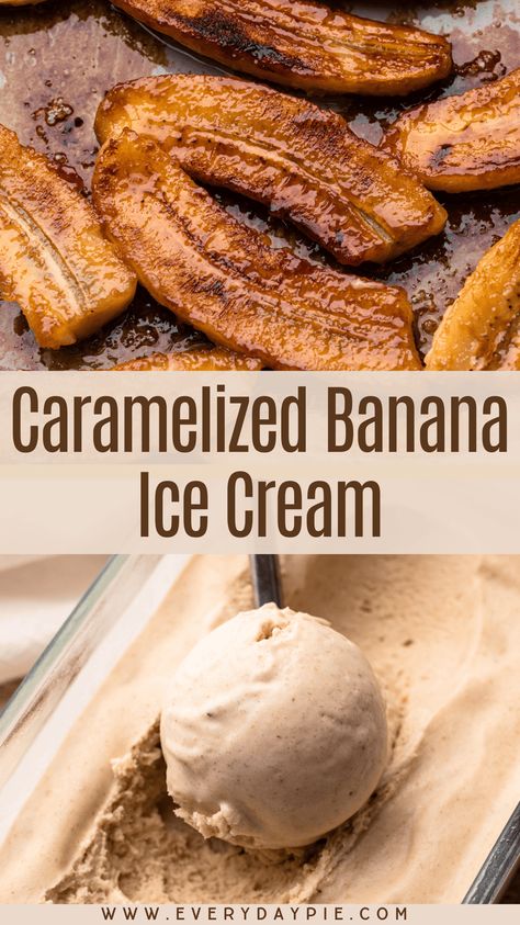 This unique Banana Ice Cream features caramelized bananas and a hint of cinnamon. It requires churning, but does not use eggs. Banoffee Ice Cream, Date Ice Cream Recipe, Creative Ice Cream Ideas, No Churn Banana Ice Cream, Unique Ice Cream Recipes, Fruit Ice Cream Recipes, Banana Nut Ice Cream, Banana Ice Cream Recipes, Best Ice Cream Recipe