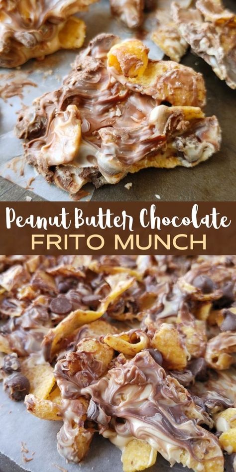 Peanut Butter Chocolate Frito Munch | South Your Mouth | Bloglovin’ Peanuts And Candy Corn Recipe, Sweet And Salty Frito Snack, Corn Chex Clusters, Recipes With Peanuts Sweet Treats, Chocolate Snack Mix Recipes, Pretzel Peanut Butter Snacks, Frito Dessert, Easy Bark Recipes, Chex Mix Recipes Sweet And Salty