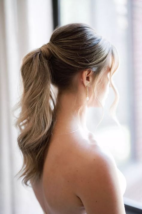 Bridesmaids Hairstyles Straight Hair, Bridesmaid Curled Ponytail, Low Pony Wedding Hairstyles Brunette, Hair Do For Bridesmaid, Fancy Wedding Ponytail, Blond Bridesmaid Hair, Updo Bridesmaid Hair Ponytail, Wedding Hair Styles Ponytail, Bridal Updo Straight Hair