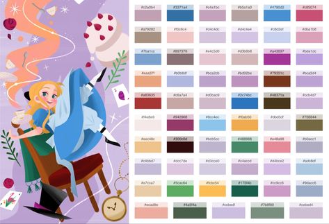 Alice In Wonderland Colour Palette, Alice In Wonderland Color Palette, Wonderland Color Palette, Fairytale Palette, Comfy Illustration, Flowers Alice In Wonderland, Alice In Wonderland Palette, Pallete Color, Alice In Wonderland Bedroom