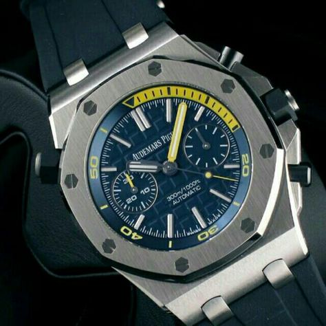 Audemars Piguet - ROO Diver Blue Chronograph 'J' (New in Box)  Model : Audemars Piguet Type : Royal Oak Offshore Diver Blue Chronograph 'J' Material : Stainless Steel Strap : AP Diver rubber with stainless steel pin buckle Machine : AP 3124/3841 calibre, 11¾Lignes, 40 Jewels, 21,600 vph & Automatic Movement  Power Reserve : 50 Hours Size : 42 mm Dial Color : Blue Water Resistant : 300 m Note : Complete Box & Paper  Condition : New in Box / Never used  Price : idr 390.000.000 Mens Accessories Rings, Audemars Piguet Diver, Audemars Piguet Gold, Audemars Piguet Watches, Royal Oak Offshore, Dream Watches, Box Paper, Audemars Piguet Royal Oak, Watch Accessories