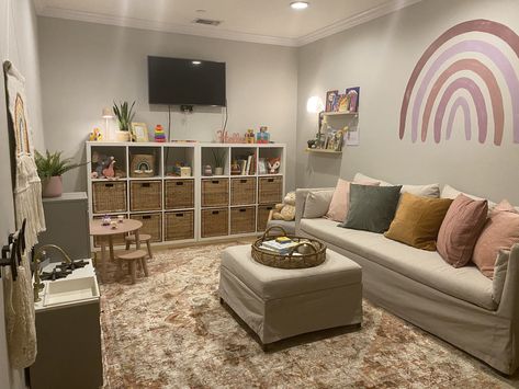 Cozy boho playroom Playroom Chill Area, Play Area Room Ideas, Play Room With Sofa, Play Area In Living Room Boho, Bedroom Turned Into Playroom, Playroom With Couch Layout, Play Guest Room Combo, Small Den Playroom Combo, Small Playroom With Daybed