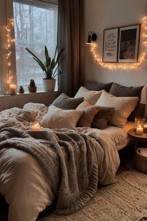 Cozy bedroom with soft bedding and warm lighting for a relaxing retreat. Bedroom Ideas Cozy Comfy, Classy Bedding Sets, Grey Headboard With Beige Bedding, Cozy Beauty Room, Beige Walls Bedroom Ideas, Cozy Themed Bedroom, Bed Confort Ideas, Modern Room Ideas Aesthetic, Ways To Make Your Bed Cozy