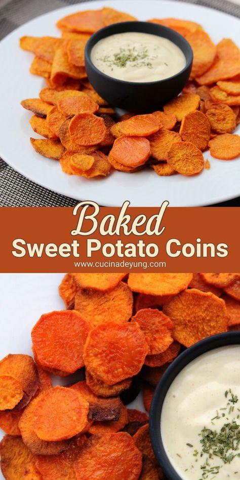 Baked Sweet Potato Coins – CUCINADEYUNG Potato Coins, Healthy Sweet Potato, Stuffed Sweet Potato Healthy, Sweet Potato Chips, Cooking Spray, Air Fryer Dinner Recipes, Baked Sweet Potato, Seasoned Salt, Vegetarian Cooking