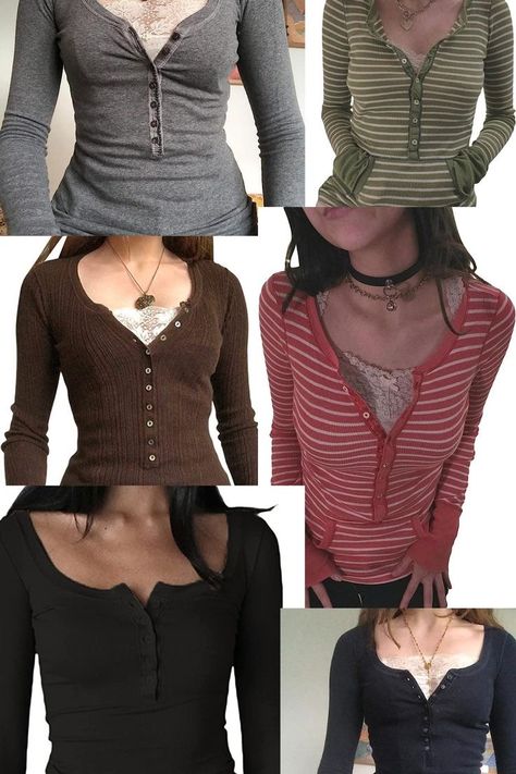 Y2k Shirts Long Sleeve, Long Sleeve Gray Shirt Outfits, Long Sleeve Henley Top, Y2k Longsleeves Outfit, Long Sleeve 2000s Top, Long Sleeve Outfit Ideas For Women, Henley Shirt Aesthetic, Grunge Tops Aesthetic, Where To Get Long Sleeve Shirts