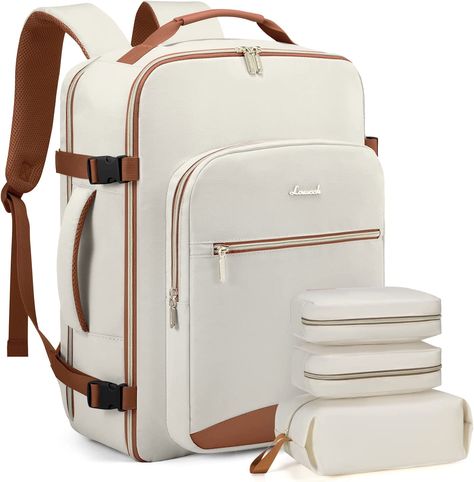 LOVEVOOK Travel Backpack Women, Flight Approved Carry On with 17.3inch Laptop Compartment, Personal Item with 3 Packing Cubes, Perfect for College, Hiking, and Overnight Trips - Beige Maternity Bags, Carry On Backpack, Creative Items, Easy Jet, Large Backpack Travel, Waterproof Laptop Backpack, Laptop Backpack Women, Business Backpack, Luggage Strap