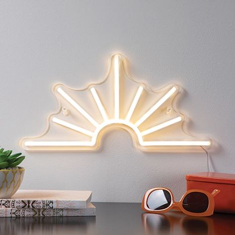 At Home Sunray Neon Wall Sign, White, 7.7"l X 15.2"h X 1.0"w, Plastic Above Bed Dorm Decor, Hanging Beach Decor, Neon Sign Apartment Decor, Light Yellow Room Decor, Led Sign Above Bed, Locals Only Sign, Cute Wall Lights, Wave Neon Sign, Mid Century Modern Beach House Decor