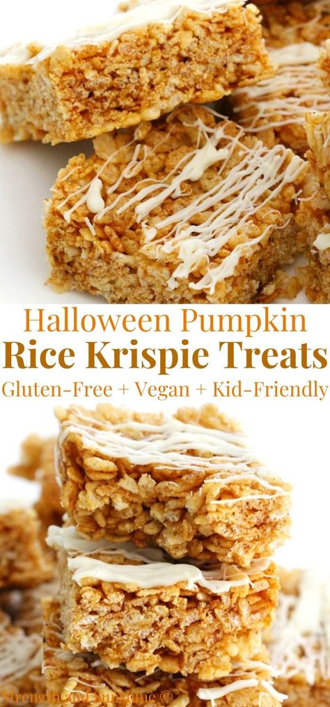 pumpkin rice krispies treats for halloween Vegan Pumpkin Rice Crispy Treats, Dairy Free Fall Treats, Vegan Gluten Free Halloween Treats, Gluten Free Dairy Free Halloween Recipes, Gf Halloween Treats, Halloween Gluten Free Appetizers, Halloween Gluten Free Recipes, Gluten Free Dairy Free Halloween Treats, Gluten And Dairy Free Halloween Treats