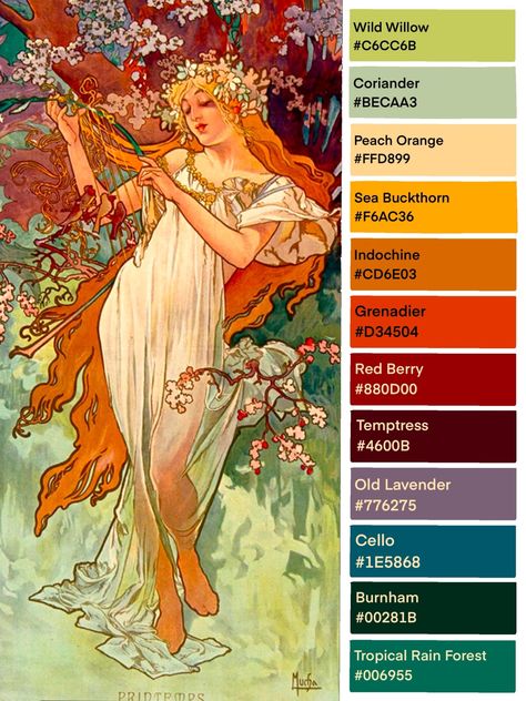 Art block is still super there, so have a palette from Mucha’s Printemps Croquis, Alphonse Mucha Color Palette, Cool Tones Palette, Color Combinations For Art, Art Nouveau Colors, Art Nouveau Colour Palette, 7 Colour Palette, Temperature Color Palette, Art Nouveau Palette