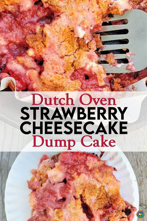 Dutch Oven Cake Camping, Dutch Oven Desserts Camping Dump Cakes, Dutch Oven Strawberry Cobbler, Dutch Oven Cheesecake, Cast Iron Dump Cake Recipes, Camping Dump Cake, Campfire Dump Cake, Dutch Oven Camping Desserts, Dutch Oven Recipes For Camping Desserts