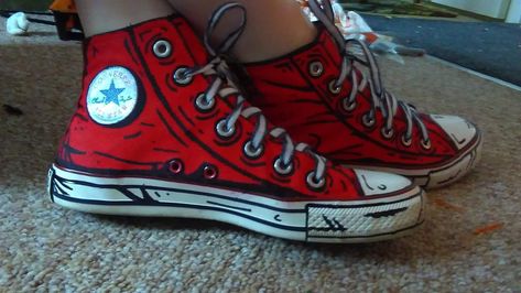 For my comic zombie Halloween costume and I am in love, gonna have to do this to my whole wardrobe now! Paint Shoes Ideas Converse, Cell Shaded Converse, Zombie Custome Ideas Diy, Shoe Diy Painted, Painted Shoe Designs, Designs To Draw On Shoes, Cool Converse Designs, Things To Draw On Your Shoes, Converse Custom Art