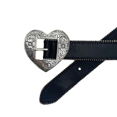 Add a vintage touch to your look with this unique engraved silver heart belt. Designed in smooth black leather detailed with silver ball and chain trim this exclusive heart belt was created to make you stand out!  WEB EXCLUSIVE Details: Belt Strap 1.5" Vintage heart buckle Silver ball and chain trim Can be worn as a hi Heart Belt Buckle, Heart Belt, Cool Belt, Ball And Chain, Cowgirl Aesthetic, Vintage Wardrobe, Silver Engraving, Black Leather Belt, Belt Accessories