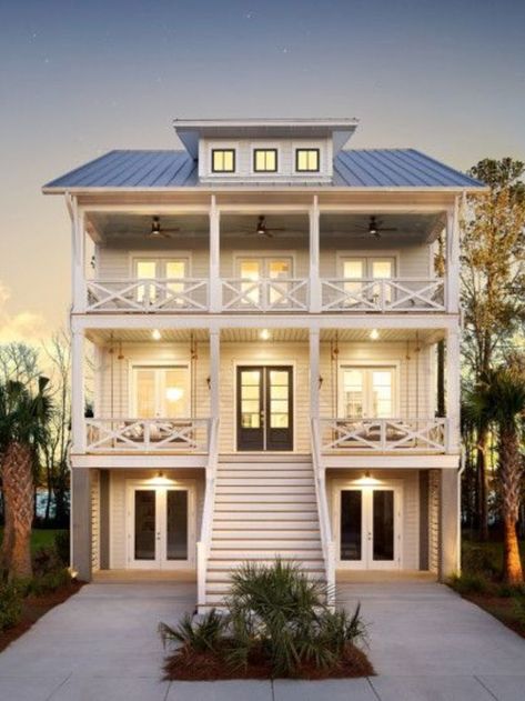 Beach House Plans On Stilts, Coastal Homes Exteriors, House Plans On Stilts, Elevated Beach House, Raised Beach House, Coastal Cottage House Plans, Exterior Beach House, Coastal Home Exterior, Beach House Floor Plans