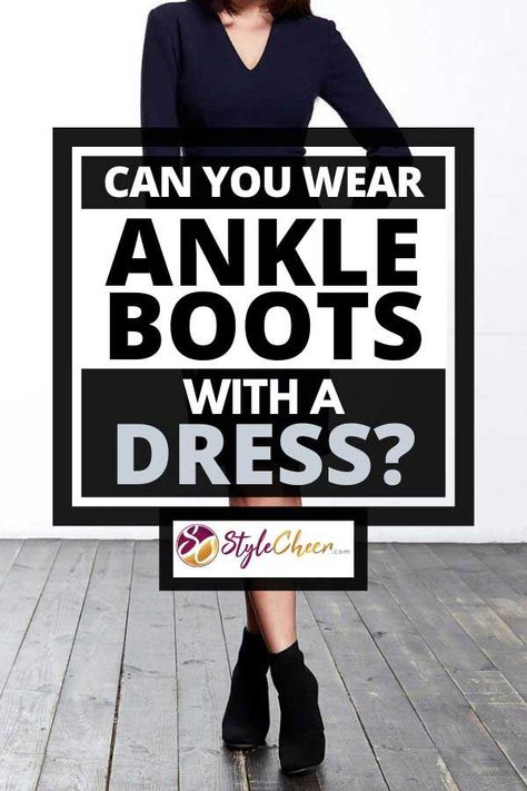 Dress With Ankle Boots Dressy Midi, Dress And Short Boots Outfit, Ankle Boots With Knee Length Dress, How To Style Ankle Boots Dresses, Dress With Black Boots Ankle, Black Dress And Ankle Boots Outfit, Ankle Boot Skirt Outfits, Work Dresses With Boots, Boots For Knee Length Dresses