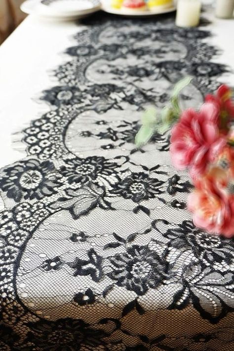 Amazon.com: 14 x 120 Inches Black Lace Table Runner Decoration Anniversary Embroidered Doilies Party Supplies Vintage Lace Centerpiece Theme for Christmas Boho Wedding Bridal Baby Shower Decorations : Home & Kitchen Black Lace Table Runner, Leather And Lace Party Theme, Leather And Lace Party, Lace Centerpieces, Masquerade Prom, Christmas Dining Table Decor, Romantic Candle Light Dinner, Lace Table Runner, Vintage Centerpieces