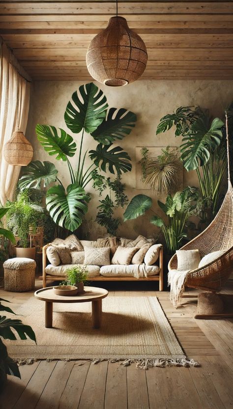 Naturalistic Pattern Interior Design, Bamboo Living Room Ideas, Contemporary Living Room Plants, Bamboo Home Design, Jungle Boho Living Room, Jungle Style Living Room, Tropic Interior Design, Tropical Esthetician Room, Green Plants Living Room