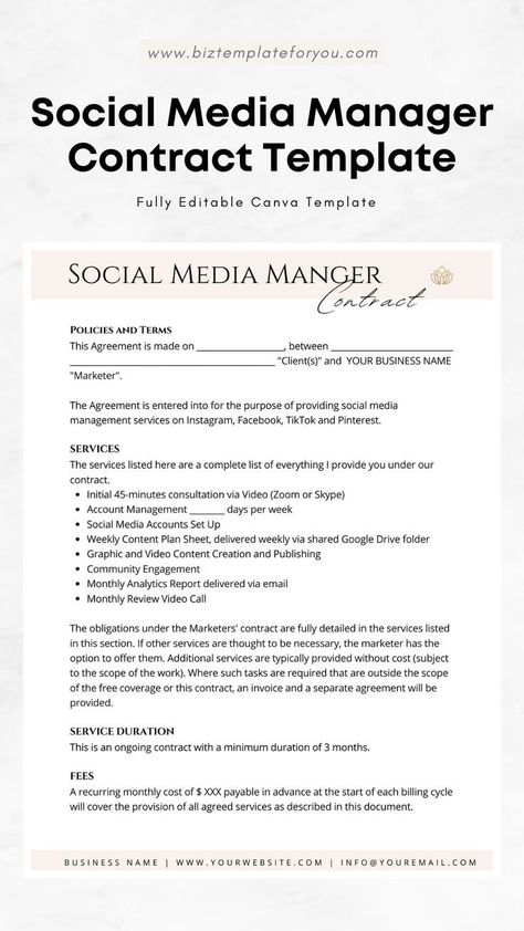 Editable Template for Seamless Social Media Manager Contract Social Media Checklist For Business, Social Media Manager Mood Board, Social Media Marketing Contract, Social Media Manager Onboarding Template, Social Media Manager Contract Template, Social Media Management Contract, Social Media Manager Services, Content Creation Packages, Social Media Management Tips