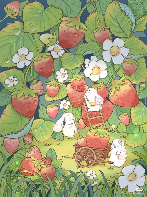 Strawberry Field Illustration, Strawberry Illustration Cute, Strawberry Widget, Cottagecore Drawing, Aesthetic Bear, Coquette Spring, Strawberry Drawing, Theme Phone, Forest Drawing