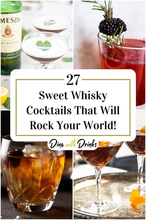 Collage of 4 sweet whisky cocktails. Scotch Whiskey Cocktails, Basic Cocktail Recipes, Best Whiskey Cocktails, Whiskey Cocktail Recipes, Whiskey Cocktails Easy, Whisky Cocktail Recipes, Basic Cocktails, Best Whiskey, Cocktail Recipes Whiskey