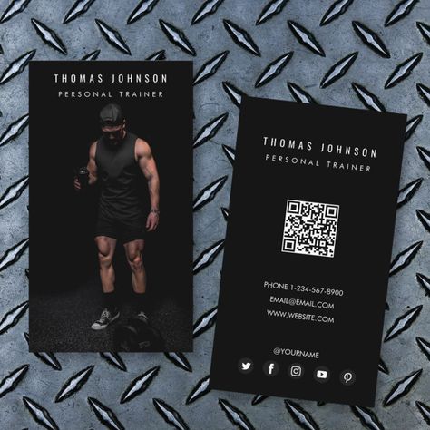 Personal Trainer Business Card Design, Business Card Social Media, Personal Trainer Business Card, Qr Code Social Media, Personal Trainer Website, Fitness Business Card, Trendy Business Cards, Photo Business Cards, Qr Code Business Card