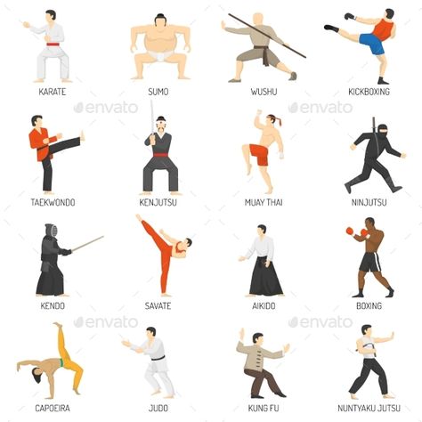 Martial Arts Decorative Flat Icons Set by macrovector Martial arts decorative flat icons set with sumo karate judo ninja taekwondo kung fu isolated vector illustration. Editable EPS an Dojo Design, Fitness Vector, Tae Kwon Do, Pencak Silat, Martial Arts Techniques, Martial Arts Styles, Flat Icons Set, Martial Arts Workout, Sports Flyer