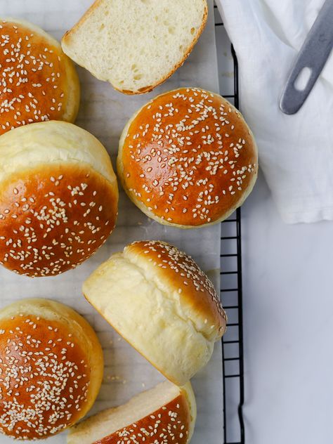 Potato Burger Buns Burger Bread Recipe, Potato Buns Recipe, Easy Sourdough Burger Buns, Brioche Hamburger Buns Homemade, Sourdough Brioche Hamburger Buns, Potato Bun Recipe, Burger Bun Recipe, Same Day Sourdough Hamburger Buns, Bread Burger