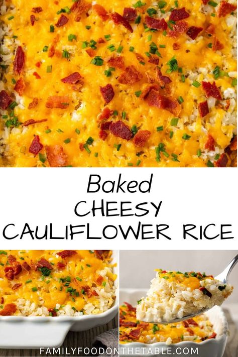 Baked Cheesy Cauliflower Rice is a hot and cheesy casserole that’s just 5 ingredients and 30 minutes to make. This low-carb, gluten-free side is creamy and so flavorful! Loaded Cauliflower Rice Casserole, Recipes Using Riced Cauliflower Low Carb, Cauliflower Rice Casseroles, Cauliflower Rice Broccoli Casserole, Cauliflower Rice Broccoli Cheese, Twice Baked Cauliflower Casserole, Cheesy Riced Cauliflower Recipes, Cauliflower Rice Enchilada Casserole, Rice Califlower Casseroles