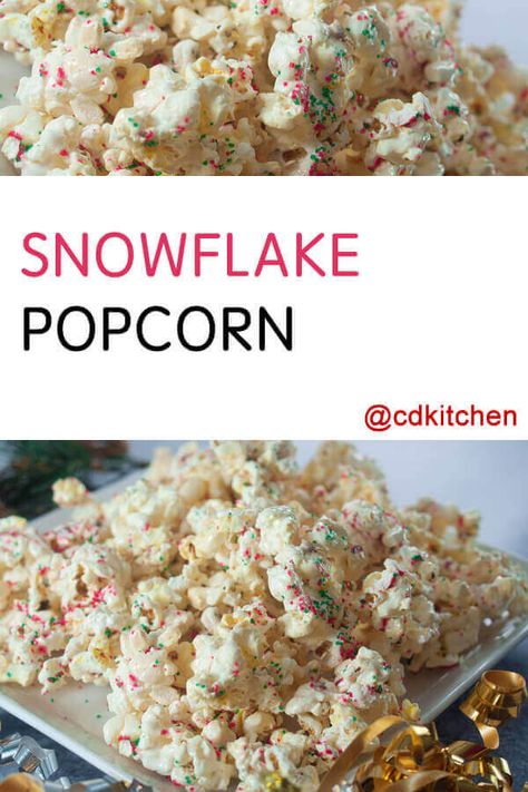 Snowflake Popcorn - Everything is better with sprinkles! Popcorn is coated with melted marshmallow cream and covered in red and green candy sprinkles. Made with popcorn, marshmallow creme, candy sprinkles | CDKitchen.com Christmas Popcorn Recipes, Popcorn Balls Recipe, Easy Popcorn, Christmas Crunch, Christmas Popcorn, Salty Popcorn, Christmas Food Treats, Crunch Recipe, Popcorn Treats