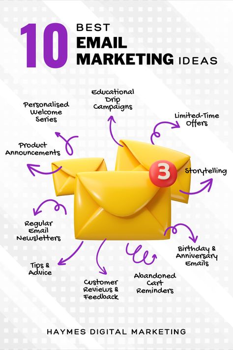 Here are some of the best email marketing ideas to kick-start your email marketing journey! Don’t forget to email your email list! A powerful resource to connect with your ideal audience and build relationships. Learn more tips on how to use email marketing in your business on our blog.  #haymesdigitalmarketing #contentmarketing #emailmarketing #digitalmarketing #contentstrategy #emailmarketingstrategy Marketing Materials Ideas, Email Marketing Tips, Sale Design Graphics Ideas, Email Marketing Campaign Ideas, Marketing Design Ideas, Digital Marketing Post Ideas, Advertising Ideas Marketing, Email Marketing Infographics, Marketing Campaign Design