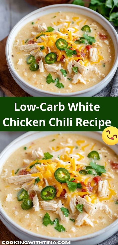 Discover an easy soup recipe that warms the soul! This Low-Carb White Chicken Chili is full of robust flavors and simple ingredients, making it a fantastic choice for quick family dinners or meal prep for the week ahead. Easy Keto White Chicken Chili, Keto Creamy Chicken Enchilada Soup, Low Carb Chilli Recipes, Low Carb Quick Meals Easy Dinners, Keto White Chicken Chili Recipes, Keto Chicken Chili Soup, Low Cal Chicken Chili, Keto Soup Easy, Healthy Soup Low Carb