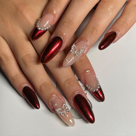 Red Chrome Nails: 37+ Designs That Will Turn Heads - Nail Designs Daily Red Chrome Nails, Red Chrome, Chrome Nails Designs, Red Valentine, Formal Nails, Pearl Nails, Xmas Nails, Prom Nails, Luxury Nails